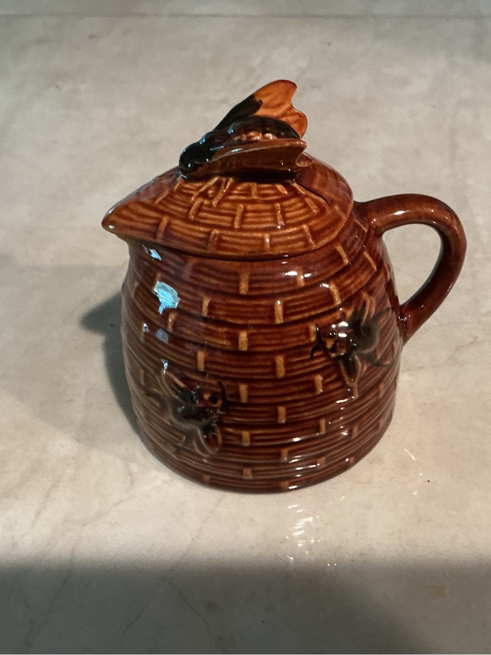 Vintage Brown Ceramic Beehive Honey Pot with Lid